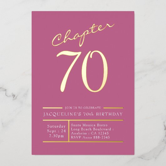 70ピンク70th誕生日パーティー金ゴールド 箔招待状 (正面)