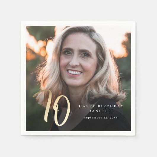 70モダン誕生日フォトブラック&金ゴールドスクリプト スタンダードカクテルナプキン (正面)