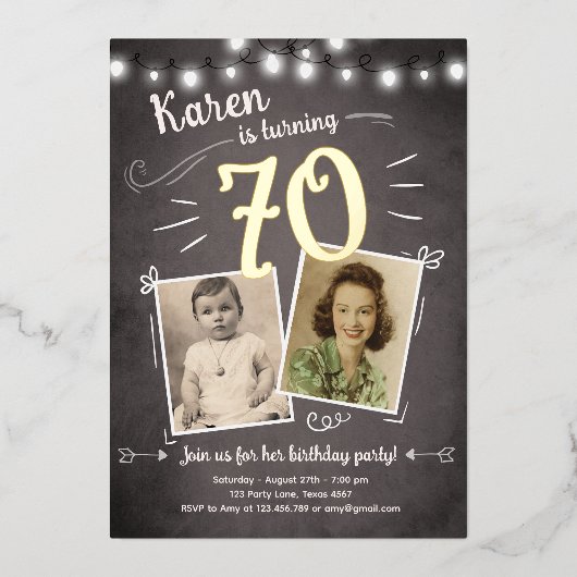 70ヴィンテージレトロ写真展70サプライズ誕生日 箔招待状 (正面)