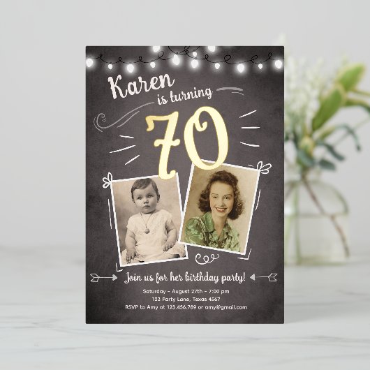 70ヴィンテージレトロ写真展70サプライズ誕生日 箔招待状 (立ち正面)