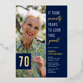 70人目のフォトブルー&金ゴールド70歳の誕生日パ実在ーティ 箔招待状 (正面)