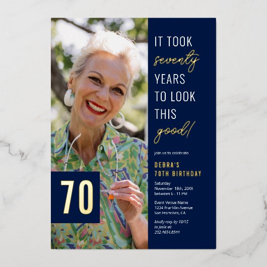 70人目のフォトブルー&金ゴールド70歳の誕生日パ実在ーティ 箔招待状 (正面)