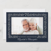 70周年結婚記念日のネイビーブルーシルバーフォト 招待状 (正面)