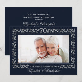 70周年結婚記念日のネイビーブルーシルバーフォト 招待状