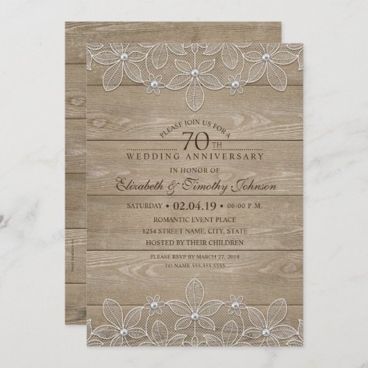 70周年結婚記念日のラスティックウッド ヴィンテージ ラッセル 招待状 (正面/裏面)