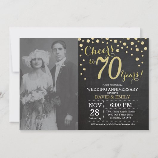 70周年結婚記念日の黒板ブラックとゴールド 招待状 (正面)