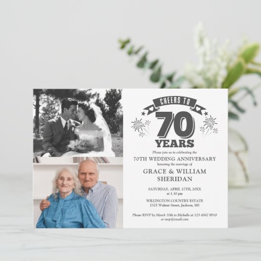 70周年結婚記念日 2枚の写真のお祝い 招待状 (スタンド正面)