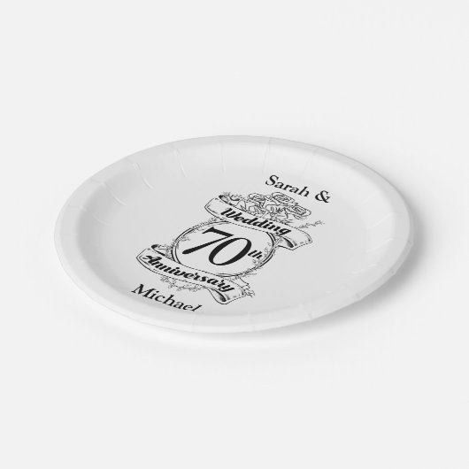 70周年記念結婚花モノクロ ペーパープレート (アングル)