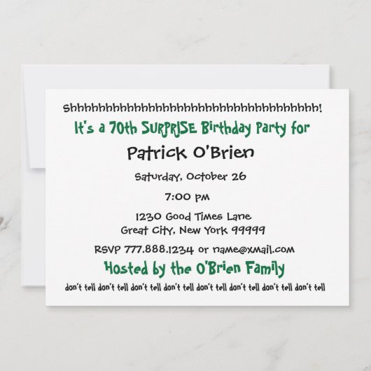 70回目の誕生日パーティーの招待 – 緑 招待状 (裏面)