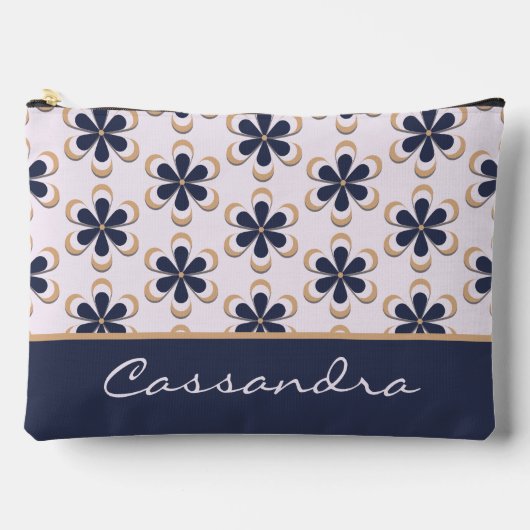 70年代かわいいレトロフラワーパワー海軍かろうじてピンク アクセサリーポーチ (正面)