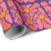 70年代のオレンジとピンクのレトロフラワーパワー ラッピングペーパー (ロールコーナー)