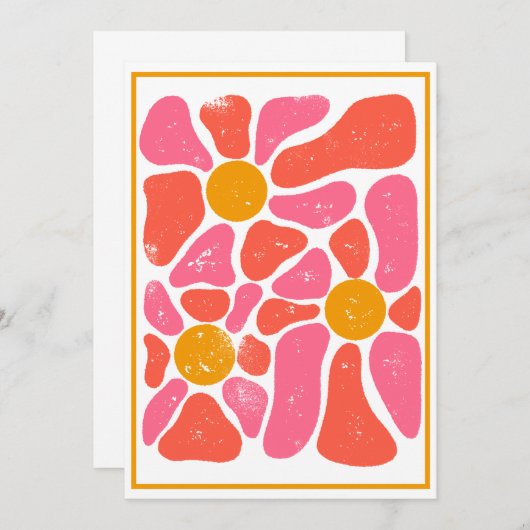 70年代のオレンジとピンクのレトロフラワーパワー 招待状 (正面/裏面)
