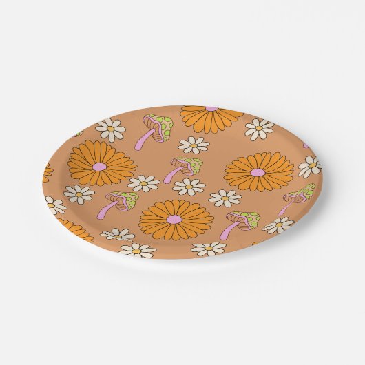 70年代のオレンジのデイジーとキノコに戻る ペーパープレート (アングル)