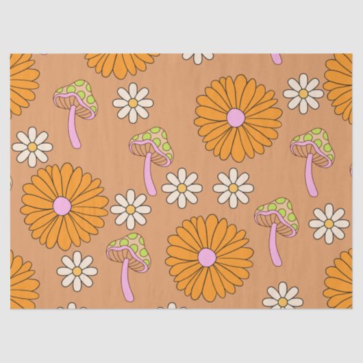 70年代のオレンジのデイジーとキノコに戻る 薄葉紙 (正面)