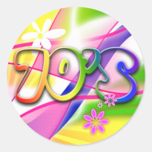 70年代のカラフルデザイン(花あり) ラウンドシール