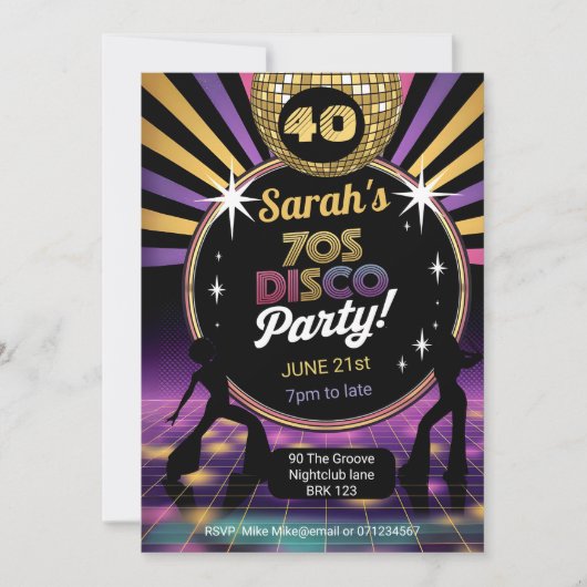 70年代のディスコパーティー70年代ヒッピー誕生日レイブ 招待状 (正面)