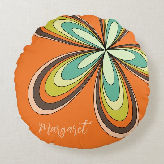 70年代のヒッピーフラワーパワー オレンジ レトロ ダイシーネーム ラウンドクッション (正面)