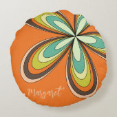 70年代のヒッピーフラワーパワー オレンジ レトロ ダイシーネーム ラウンドクッション (裏面)