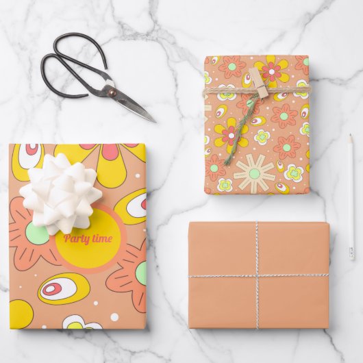 70年代のビーズピーチカラーサマーパターン ラッピングペーパーシート (正面)