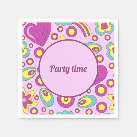 70年代のビーブスパープルカラーサマーパターン スタンダードカクテルナプキン (正面)