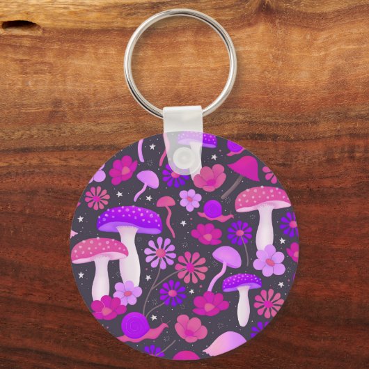 70年代のフローラ鮮やかマッシュルームピンク、紫、黒 キーホルダー (正面)