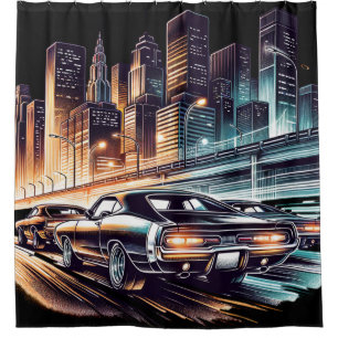 70年代のマッスルカー街 シャワーカーテン