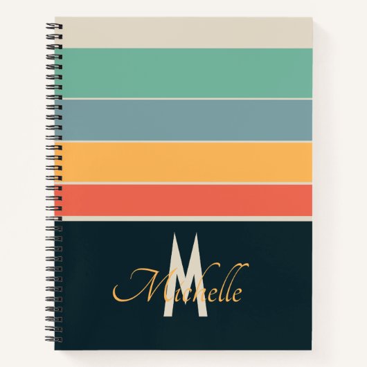 70年代のレトロなネイビーブルーとピンクのストライプモノグラムの ノートブック (正面)