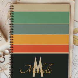 70年代のレトロなネイビーブルーとピンクのストライプモノグラムの ノートブック