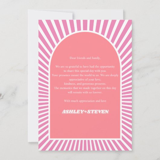 70年代のレトロなピンクのインスパイアスン結婚レイ サンキューカード (裏面)