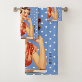 70年代のレトロエレガントアートワークユニーク水玉模様ブルー バスタオルセット