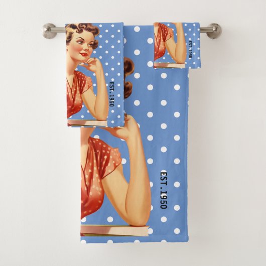 70年代のレトロエレガントアートワークユニーク水玉模様ブルー バスタオルセット (インサイチュ)