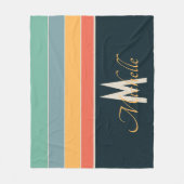 70年代のレトロカラフルストライプ名とモノグラムイニシャル フリースブランケット (正面)