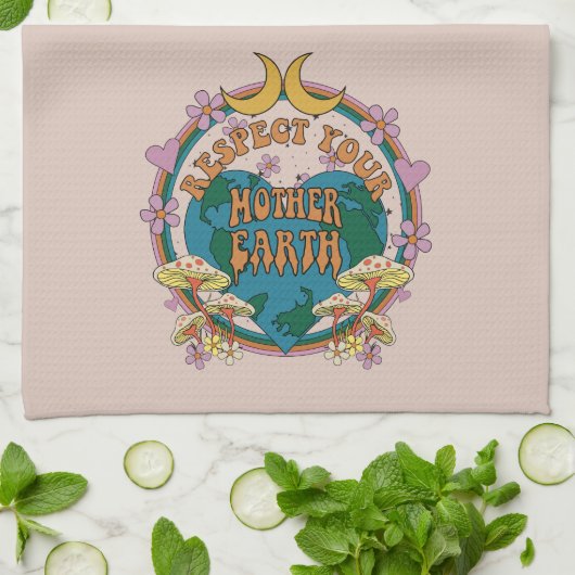 70年代のレトロマザーアース・グラフィック キッチンタオル (折り畳み)