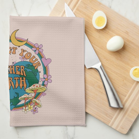 70年代のレトロマザーアース・グラフィック キッチンタオル (四つ折り)