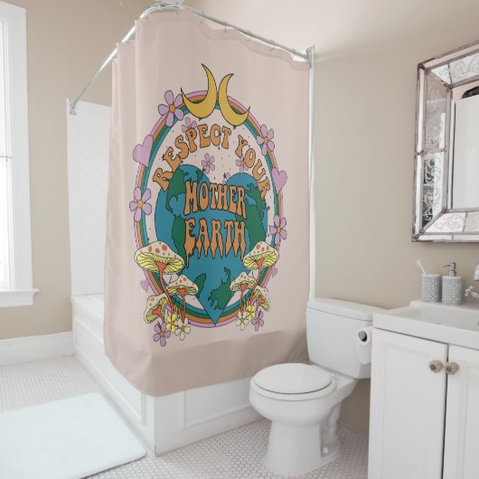70年代のレトロマザーアース・グラフィック シャワーカーテン (インサイチュ)