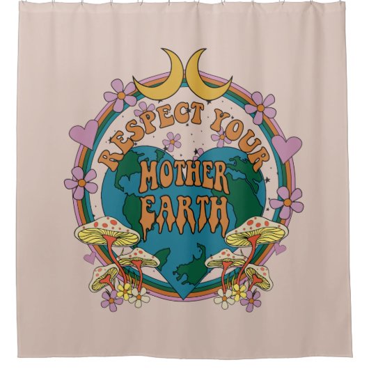 70年代のレトロマザーアース・グラフィック シャワーカーテン (正面)