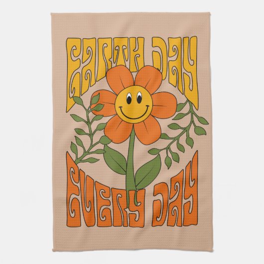 70年代のレトロ笑顔デイジー花 キッチンタオル (縦)
