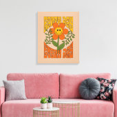 70年代のレトロ笑顔デイジー花 キャンバスプリント (インサイチュ (リビング))