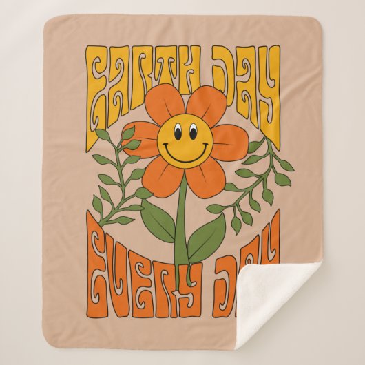 70年代のレトロ笑顔デイジー花 シェルパブランケット (正面)