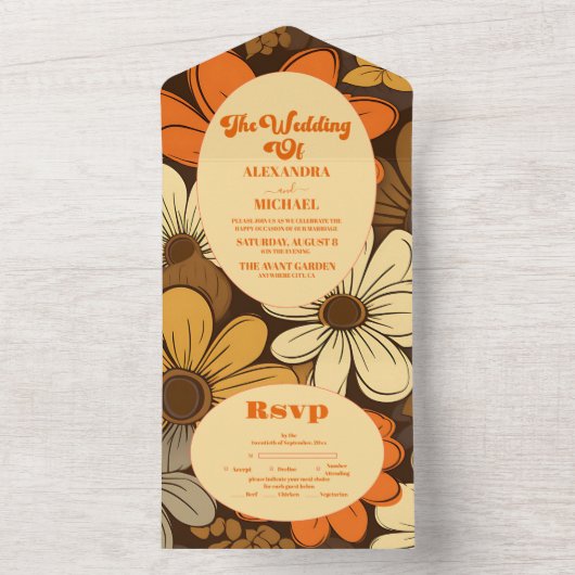 70年代のレトロ結婚フローラ オールインワン招待状 (内側)