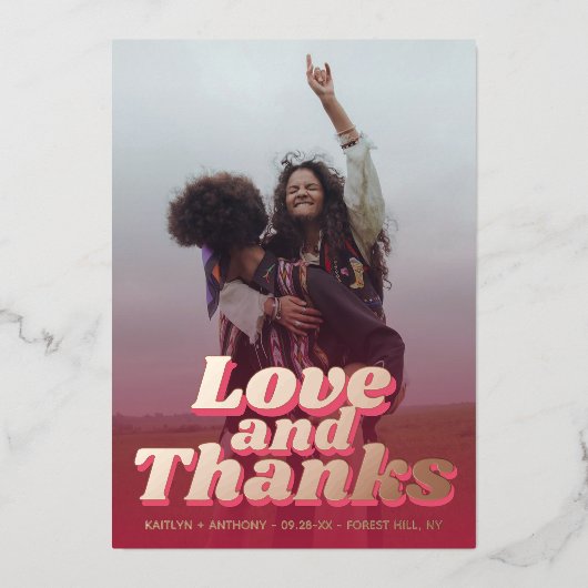 70年代のレトロGroovy Vivaマゼンダ結婚ンありがとう 箔招待状 (正面)