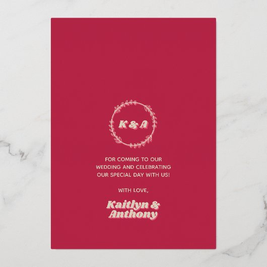 70年代のレトロGroovy Vivaマゼンダ結婚ンありがとう 箔招待状 (裏面)