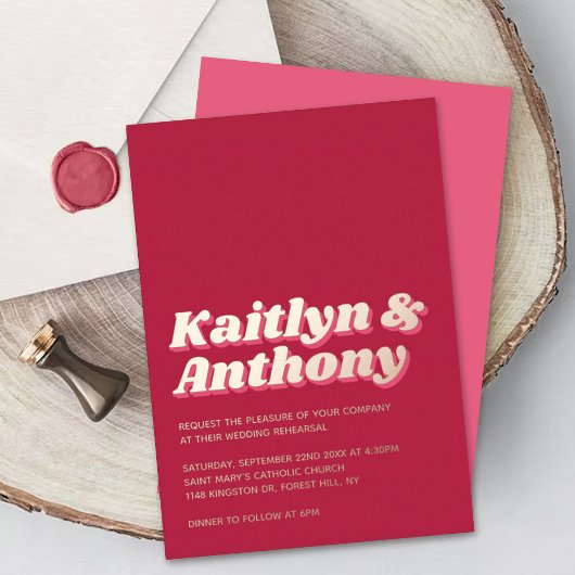 70年代のレトロGroovy Vivaマゼンダ結婚ンのリハーサル 箔招待状