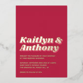 70年代のレトロGroovy Vivaマゼンダ結婚ンのリハーサル 箔招待状 (正面)