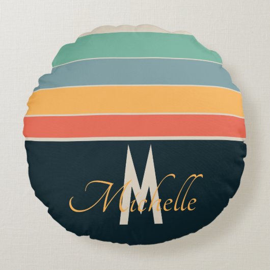 70年代のヴィンテージストライプパターンカスタムイニシャル ラウンドクッション (正面)