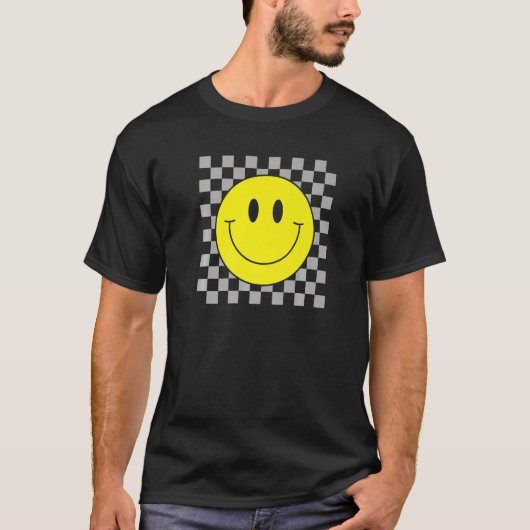 70年代イエロースマイル顔かわいい市松模様に笑顔ハップ Tシャツ (正面)