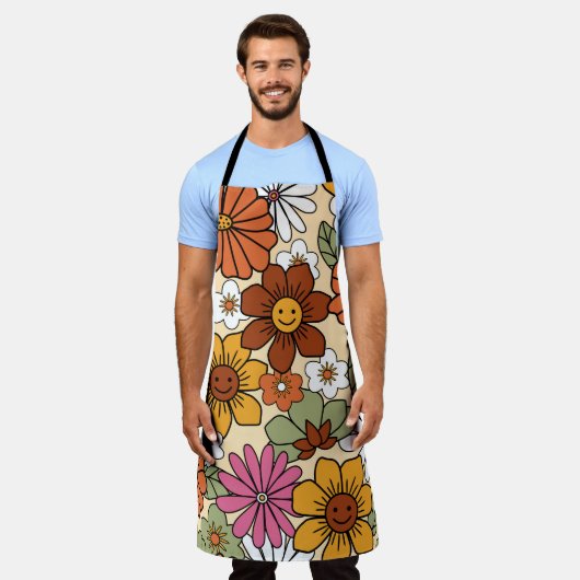 70年代カラフルスタイルレトロ花柄。ヴィンテージb エプロン (着用した状態)