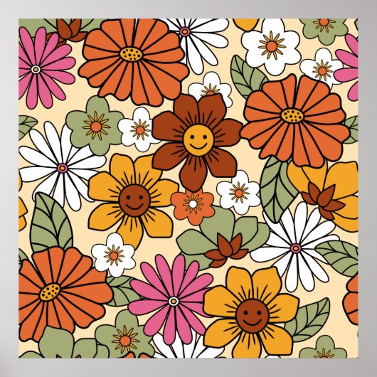70年代カラフルスタイルレトロ花柄。ヴィンテージb ポスター (正面)