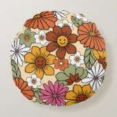 70年代カラフルスタイルレトロ花柄。ヴィンテージb ラウンドクッション (正面)