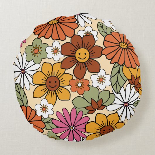 70年代カラフルスタイルレトロ花柄。ヴィンテージb ラウンドクッション (裏面)